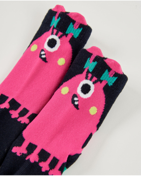 Pack de calcetines para niña en tonos fucsia y negro con diseño de monstruo y detalles en tejido
