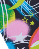 Multicolor scarf for girl with galactic print of planets and stars.