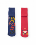 Pack of tights for baby girl in coral and navy with graphic designs