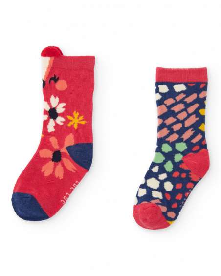 Pack of socks for baby girl in red with floral and geometric patterns