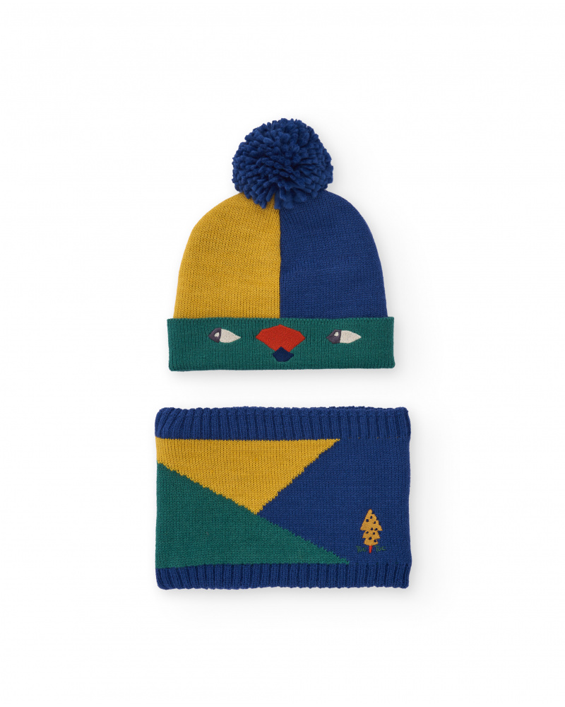 Hat and neck warmer set for boy in color blocks with pom-pom