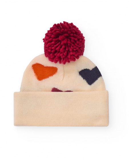 Knitted hat for girl in beige with multicolour hearts