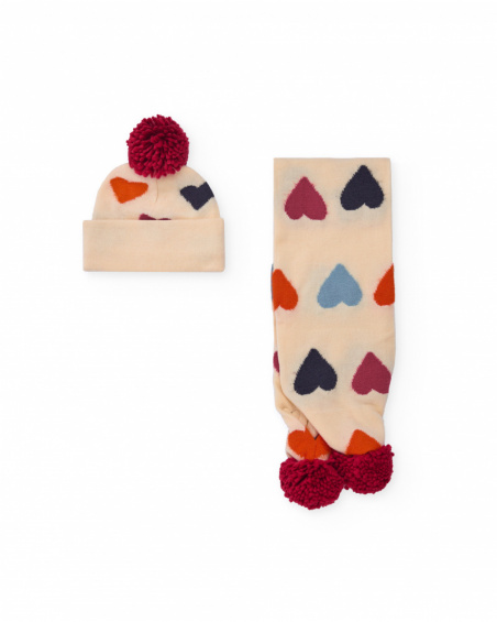 Girl’s hat and scarf set in beige with hearts