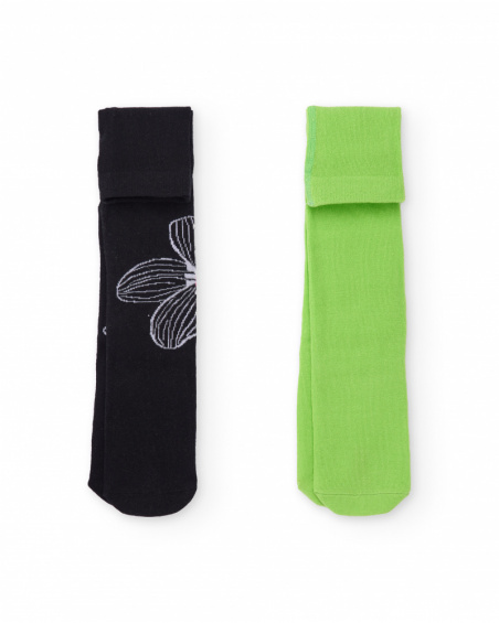 Pack of tights for girl in black with flower and plain green