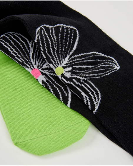 Pack of tights for girl in black with flower and plain green