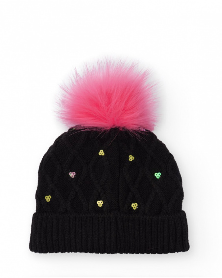 Knitted beanie for girl in black with pink pompom and sequins