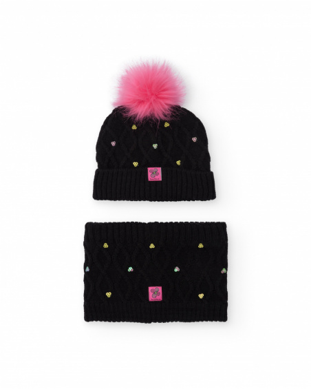 Set of beanie and neck warmer for girl in black with pink pompom and sequins