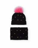 Set of beanie and neck warmer for girl in black with pink pompom and sequins