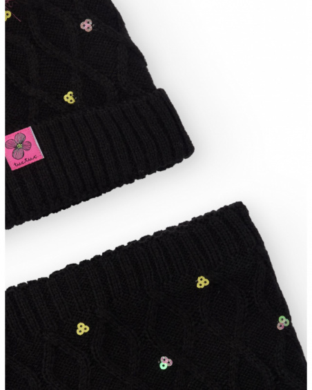 Set of beanie and neck warmer for girl in black with pink pompom and sequins