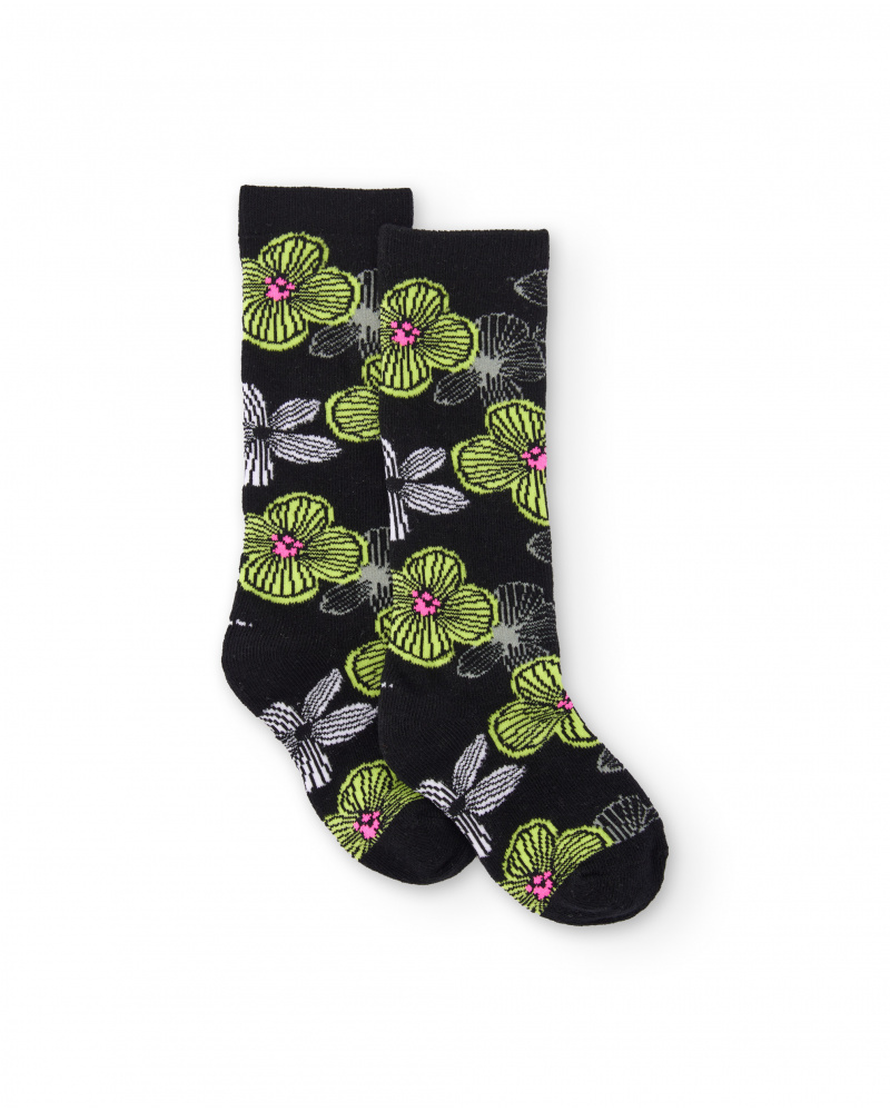 Socks for girl in black with large green and white flowers