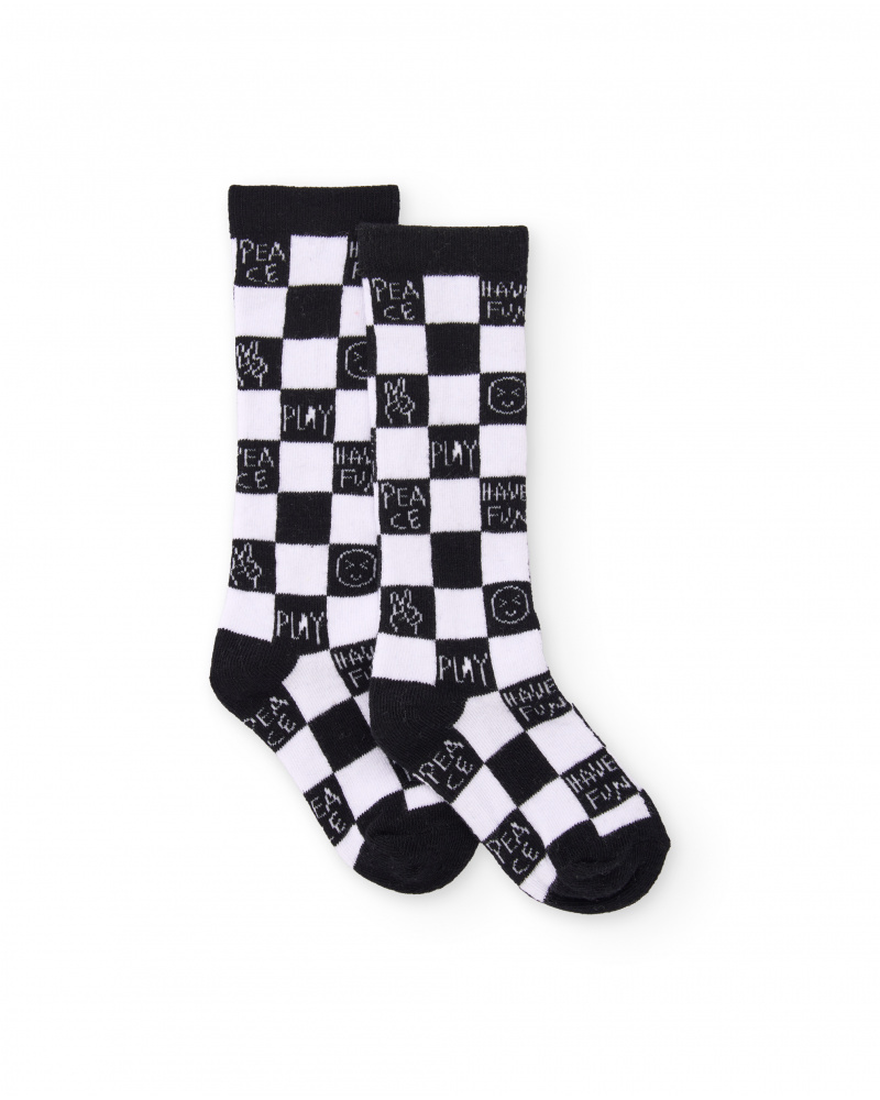Socks for boy in black and white with checkered design and messages