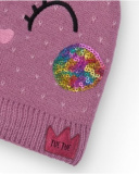 Knit beanie for girls in mauve with unicorn design.