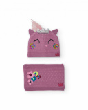 Knit hat and neck warmer set for girls in mauve with unicorn design.