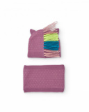 Knit hat and neck warmer set for girls in mauve with unicorn design.