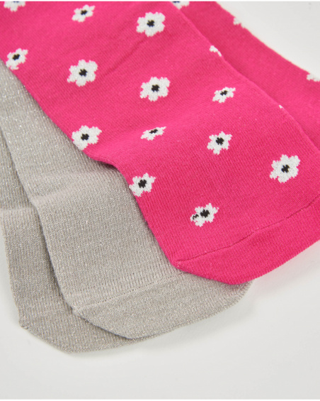 Pack of two girls’ tights in plain grey and floral fuchsia