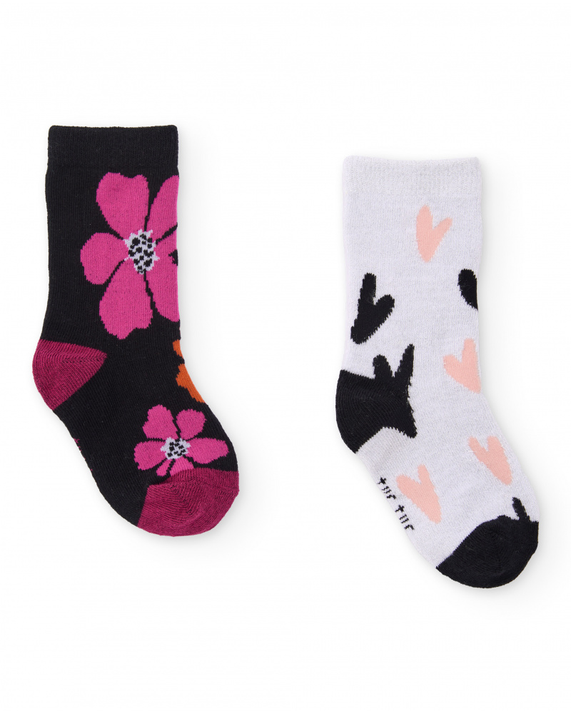 Girls’ white and black sock pack with floral and heart print