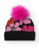Girls' black floral knit hat with pink pom-pom