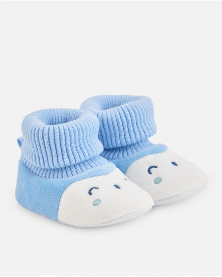Slipper for newborn in blue with embroidered little mouse design