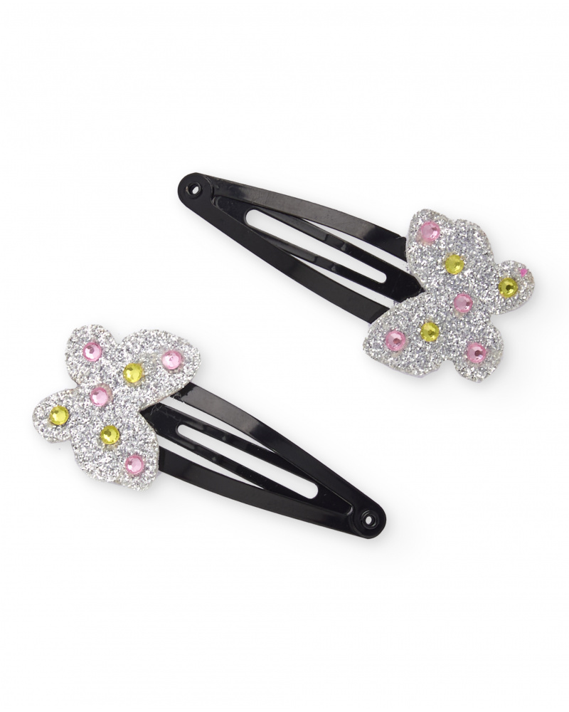 Black hair clips for girls with silver butterflies and colorful gems