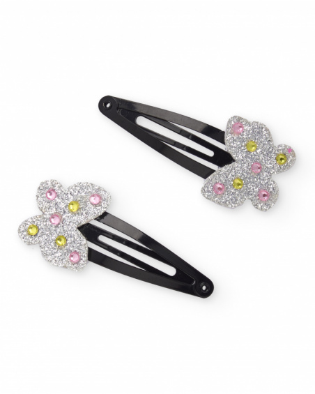 Black hair clips for girls with silver butterflies and colorful gems