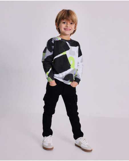 Long black trousers for boy with back pockets and elastic waistband