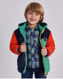 Boys' padded jacket in color blocks of green, navy blue, and orange.