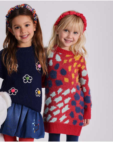 Knit dress for girls in red with multicolored spots print