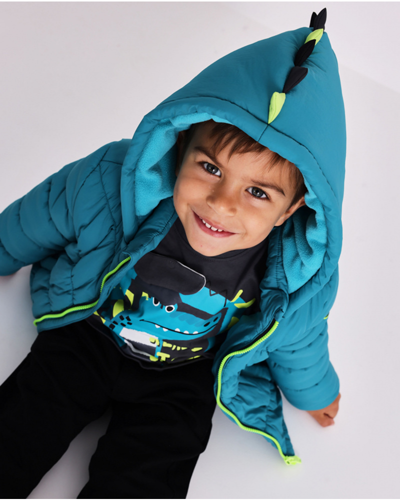 Boy’s padded jacket in petrol blue with hood and 3D details