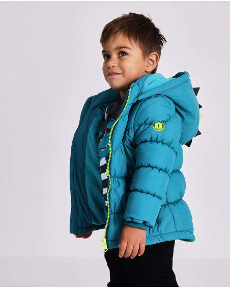 Boy’s padded jacket in petrol blue with hood and 3D details