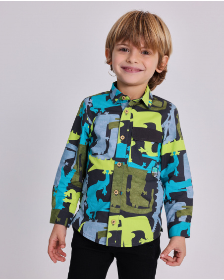 Long-sleeved shirt for boys with multicolour dinosaur print