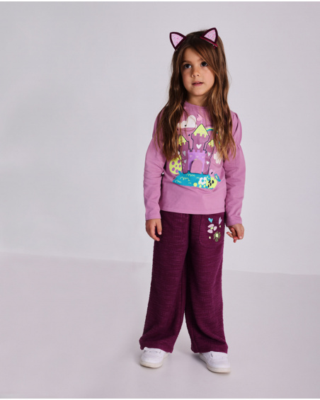 Long sleeve T-shirt for girl in pink with castle and rainbow