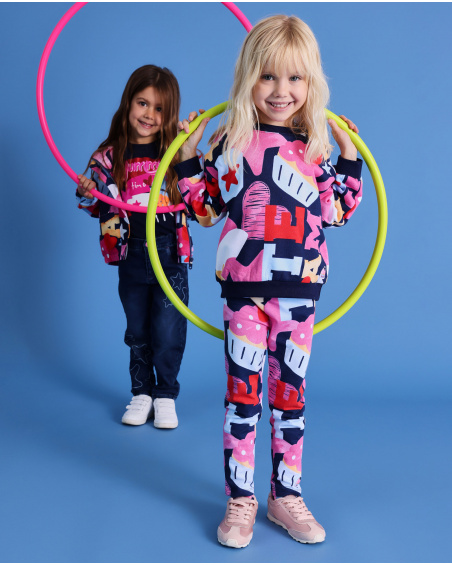 Multicolored sweatshirt for girl with letter and cupcake print.