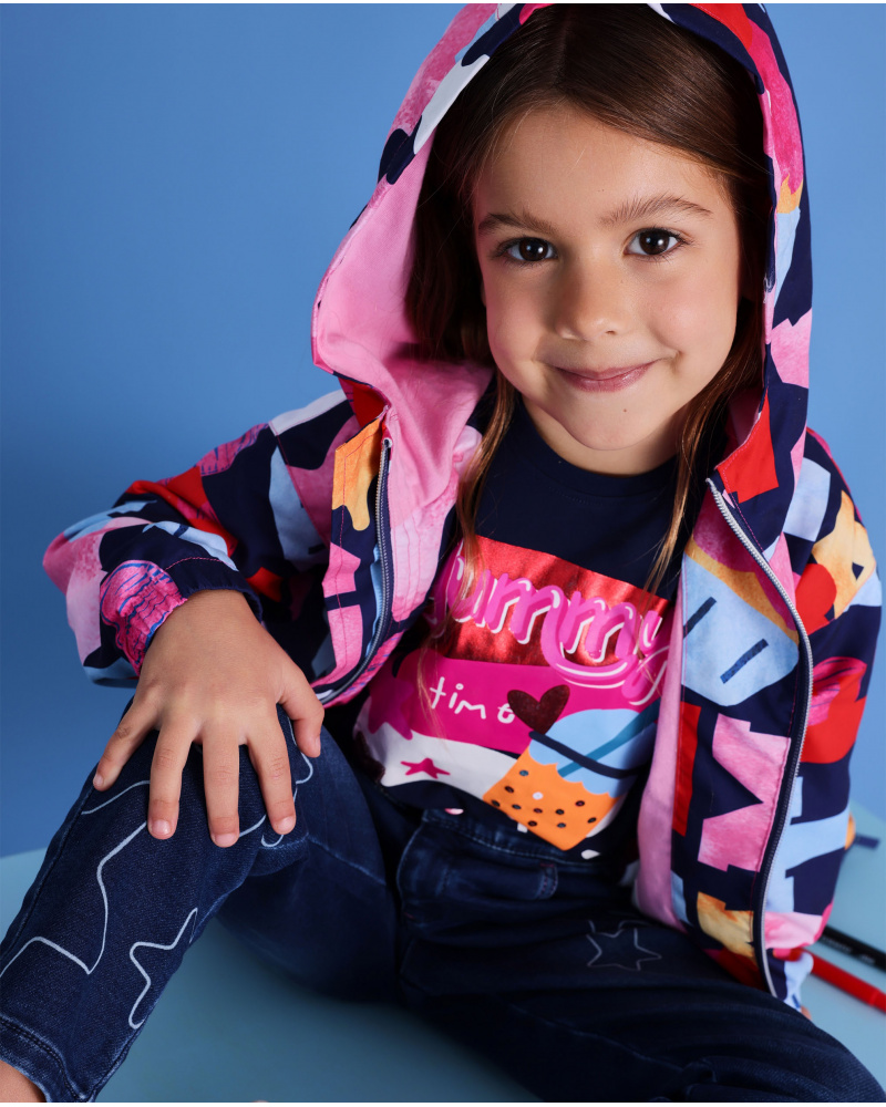 Padded jacket for girl with colorful letter and shape print.