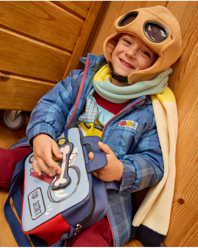 Navy blue checked parka for boy with embroidered text