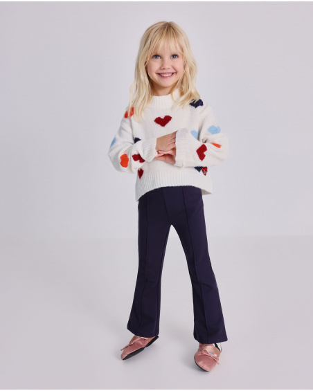 Flared pants for girls in navy blue with embroidered detail