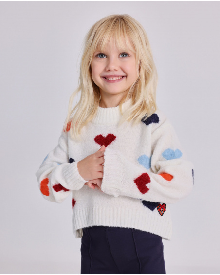 Girl’s sweater in off-white with multicolor hearts