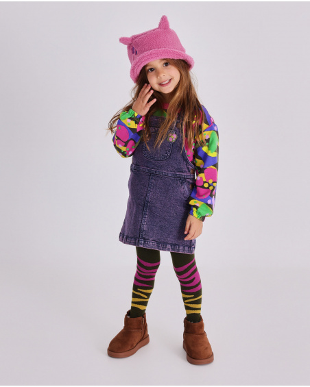 Girls' denim pinafore dress in indigo tone with washed finish and heart details.
