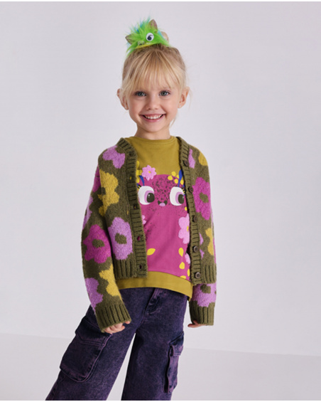 Knit cardigan for girls in green with pink and yellow flower print.