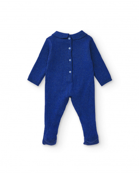 Blue knit romper for boys with classic collar and front pocket