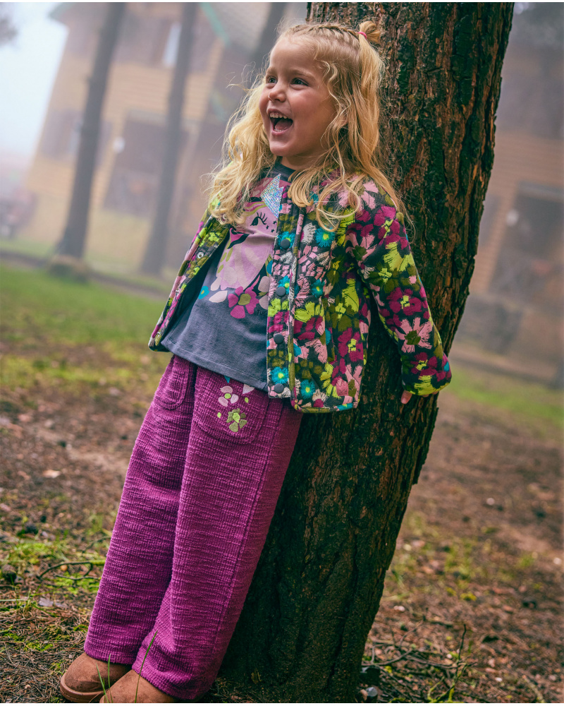 Wide-leg fleece pants for girls in burgundy with heart embroidery