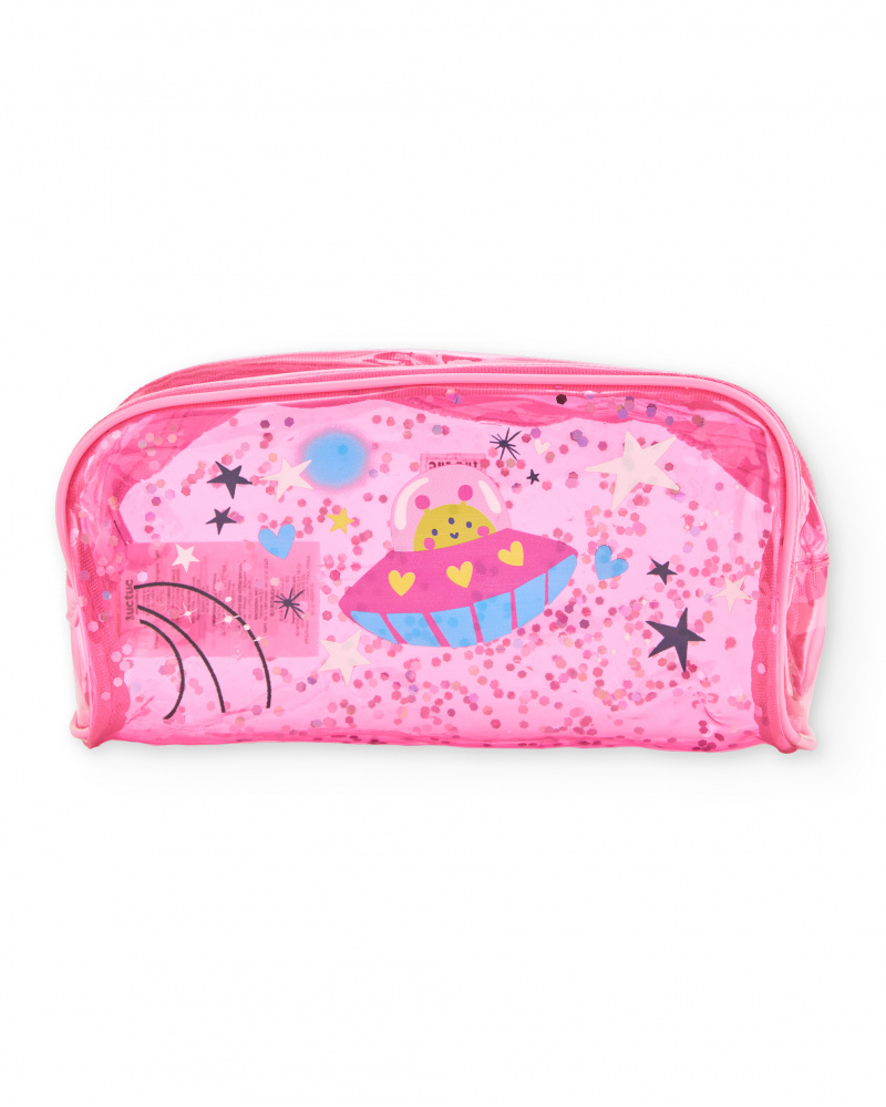 Pink girls’ pencil case with space print