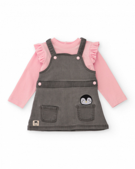 Baby girl outfit with pink ruffled t-shirt and grey pinafore dress with pockets