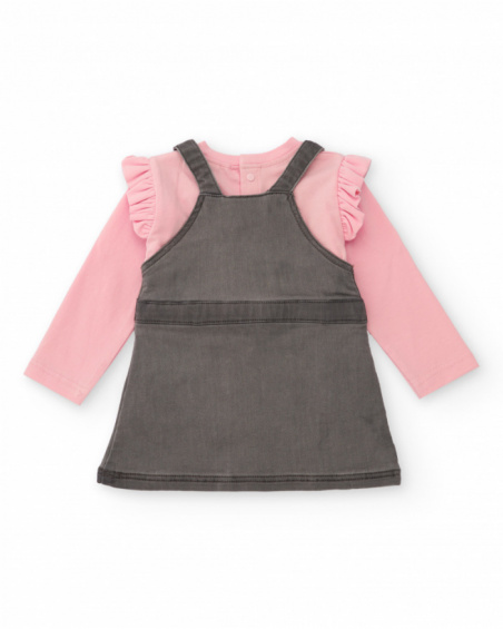 Baby girl outfit with pink ruffled t-shirt and grey pinafore dress with pockets
