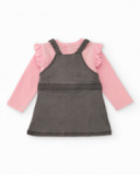 Set for newborn with pink t-shirt with ruffles and gray strap dress with pockets