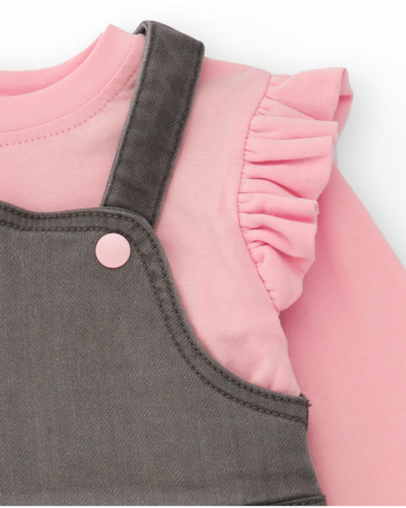 Baby girl outfit with pink ruffled t-shirt and grey pinafore dress with pockets