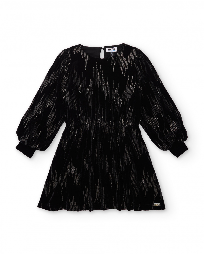 Girls’ black velvet dress with sequins and long sleeves