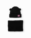 Girls' black knit hat and neck warmer set with ears