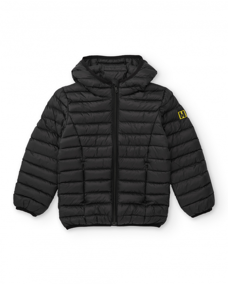 Padded jacket for boy in black with hood and zip closure