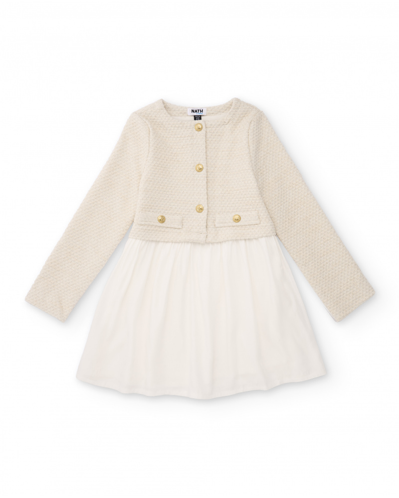 Girls’ cream dress with mock jacket detail