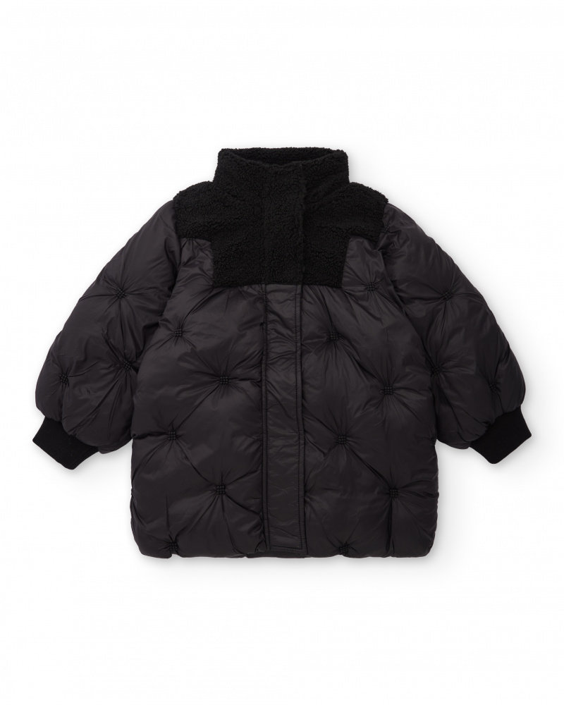 Girls’ black quilted coat with sherpa collar